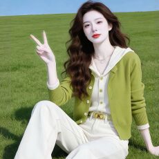 批发绵<b class='q'>羊绒</b>27#2026连帽拼接假两件针织<b class='q'>开衫</b>法式清新软糯高级感上衣女