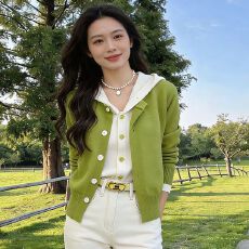 批发绵<b class='q'>羊绒</b>27#草绿色连帽拼接假两件针织<b class='q'>开衫</b>法式高级感上衣毛衣外套