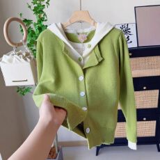 批发绵<b class='q'>羊绒</b>27#假两件双排扣<b class='q'>开衫</b>女连帽针织毛衫宽松洋气短款毛衣外套