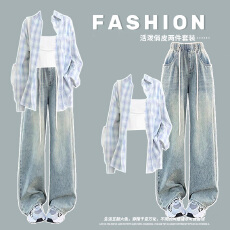 批发时尚套装#格子防晒衫慵懒新款休闲宽松长袖搭配松紧腰<b class='q'>浅色</b><b class='q'>牛仔裤</b>