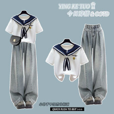 批发时尚套装#时尚水手服甜美宽松上衣搭配显瘦高腰复古蓝百搭牛仔裤