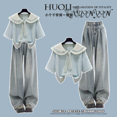 批发时尚套装#刺绣款学院风短袖T恤搭配显瘦高腰阔<b class='q'>腿</b>复古蓝百搭牛仔<b class='q'>裤</b>