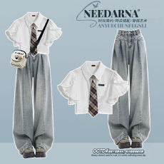 批发时尚套装#时尚修身辣妹领带短款<b class='q'>衬衫</b>搭配显瘦复古蓝百搭<b class='q'>牛仔</b>裤