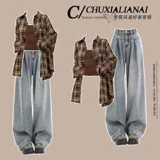 批发时尚套装#时尚港风条纹<b class='q'>衬衫</b>外套长袖搭配显瘦复古蓝百搭<b class='q'>牛仔</b>裤女