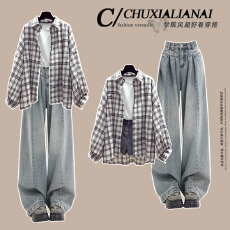 批发时尚套装#格子<b class='q'>防晒衫</b>宽松百搭单件格子外套搭配复古蓝百搭牛仔裤