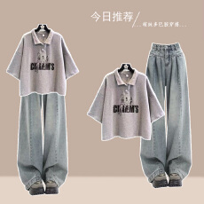 批发<b class='q'>时尚</b>套装#POLO衫短款宽松半袖<b class='q'>打底衫</b>上衣搭配复古蓝百搭牛仔裤