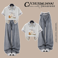 批发时尚套装#复古卡通小狗格子拼接假两件短袖搭配<b class='q'>蕾丝</b>花边阔腿长裤