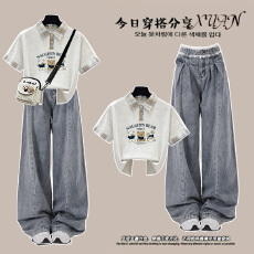 批发时尚套装#复古卡通小熊格子拼接假两件短袖搭配<b class='q'>蕾丝</b>花边阔腿长裤