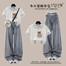 批发时尚套装#趣味小熊印花假两件polo领短袖搭配美式<b class='q'>蕾丝</b>花边牛仔裤