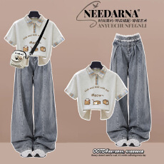 批发时尚套装#卡通小猫复古格子拼接假两件短袖搭配美式<b class='q'>蕾丝</b>花边长裤