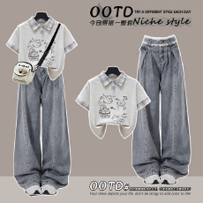 批发时尚套装#卡通印花复古格子拼接假两件短袖搭配<b class='q'>蕾丝</b>花边牛仔裤