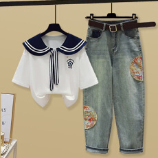 批发时尚套装#海军领上衣学院风短袖搭配刺绣民族风潮流国风牛仔<b class='q'>裤</b>