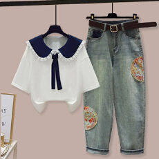 批发时尚套装#海军领蕾丝拼接假两件上衣搭配民族风潮流国风牛仔<b class='q'>裤</b>