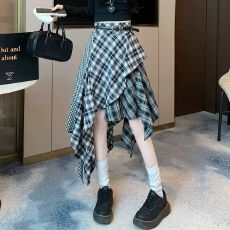 批发梭织面料#加腰带复古撞色拼接格子半身裙中长款不规则<b class='q'>百搭</b>A字裙子
