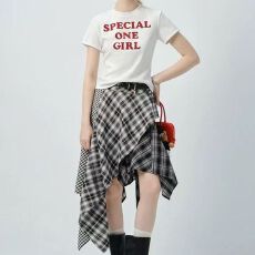 批发梭织面料#加腰带拼接格纹黑白高腰中长裙美式<b class='q'>百搭</b>不规则半身裙