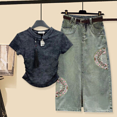 批发时尚套装#刺绣新中式国风牛仔<b class='q'>半身裙</b>搭配新中式国风盘扣晕染短袖