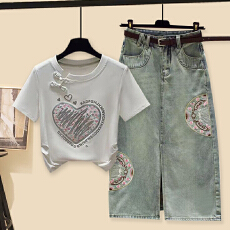 批发时尚套装#复古新中式印花盘扣上衣搭配刺绣新中式国风牛仔<b class='q'>半身裙</b>