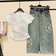 批发时尚套装#遮肉打底衫体恤扎染上衣搭配刺绣新中式国风牛仔<b class='q'>半身裙</b>