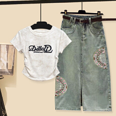 批发时尚套装#美式褶皱收腰扎染短袖搭配刺绣新中式国风牛仔半身<b class='q'>裙</b>