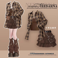 批发时尚套装#格子长袖衬衫法式中长款外套搭配百搭甜美<b class='q'>蓬蓬</b>蛋糕短裙