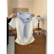 批发奥代尔1x1罗纹纯棉210克#可爱卡通韩版学院风<b class='q'>条纹</b>系带翻领短袖