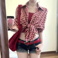 批发韩系慵懒风套装美式纯欲辣妹<b class='q'>格子</b>长袖<b class='q'>衬衫</b>吊带背心牛仔短裤三件套