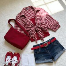 批发辣妹风<b class='q'>格子</b>翻领<b class='q'>衬衫</b>叠穿红色修身吊带搭配短款牛仔裤夏季三件套
