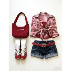 批发春季新款复古宽松<b class='q'>格子</b><b class='q'>衬衫</b>上衣吊带背心高腰显瘦牛仔短裤三件套装