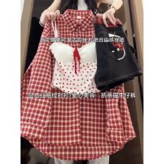 批发韩系慵懒风套装美式<b class='q'>格子</b>长袖<b class='q'>衬衫</b>爱心吊带背心KT猫牛仔短裤三件套