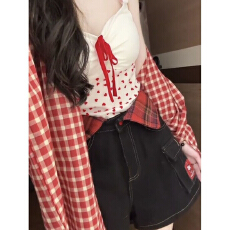 批发夏季韩系慵懒风套装美式<b class='q'>格子</b>长袖<b class='q'>衬衫</b>爱心吊带背心牛仔短裤三件套