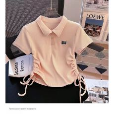 批发奥代尔1x1罗纹纯棉210克#polo领短款设计感小众别致抽绳<b class='q'>短袖</b>上衣