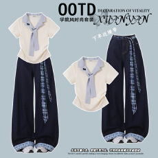 时尚套装#条纹翻领绑带设计感收腰修身短袖搭配格子拼接牛仔裤