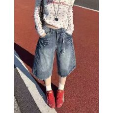 批发2026年新款百搭美式<b class='q'>镶钻</b>设计竹节牛仔七分裤夏季水洗宽松阔腿中裤