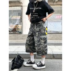 批发2026年夏季美式复古多口袋迷彩工装<b class='q'>短裤</b><b class='q'>男</b>女弯刀阔腿<b class='q'>七分裤</b>百搭