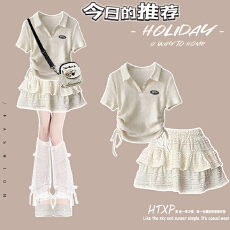 批发时尚套装#侧边收缩绳夏短款短袖polo衫T恤搭配松紧蛋糕<b class='q'>蓬蓬</b>裙短裙