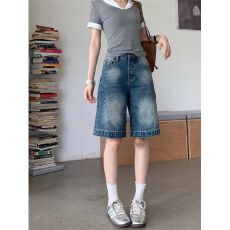 批发美式复古蓝色<b class='q'>牛仔裤</b>阔腿裤<b class='q'>女</b>装2026夏季新款低腰宽松<b class='q'>直筒</b>裤五分裤