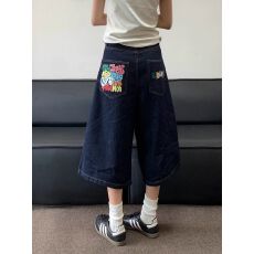 批发美式复古印花牛仔七分裤<b class='q'>牛仔裤</b>2026夏季高街设计<b class='q'>直筒</b>宽松新款短裤