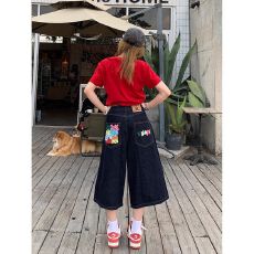 批发美式复古设计彩色字母印花七分裤<b class='q'>直筒</b>阔腿休闲宽松<b class='q'>牛仔裤</b>短裤潮牌