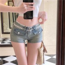 批发低腰复古水洗包臀牛仔<b class='q'>短裤</b>女夏季辣妹<b class='q'>蕾丝</b>花边修身a字弹力热裤潮
