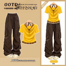 批发时尚套装#假两件荡领挂脖正肩短袖搭配<b class='q'>韩版</b>蝴蝶结格子拼接<b class='q'>牛仔裤</b>