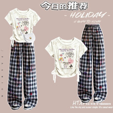 批发时尚套装#夏季新款抽绳上衣搭配新款高腰宽松直筒印花薄款阔腿<b class='q'>裤</b>