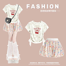 批发时尚套装#显瘦卡通印花百搭短袖搭配<b class='q'>碎花</b>花苞裤高腰彩色休闲裙裤