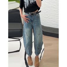 批发复古蓝色牛仔九分裤女夏薄款2026新款宽松显瘦设计感弯刀阔腿裤