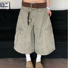 批发美式复古做旧水洗大口袋工装裤<b class='q'>男</b>女夏季新款宽松解构阔腿七分<b class='q'>短裤</b>