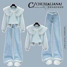 批发<b class='q'>时尚</b><b class='q'>套装</b>#蕾丝娃娃领甜美学院风卫衣搭配浅色蕾丝花边微喇牛仔裤