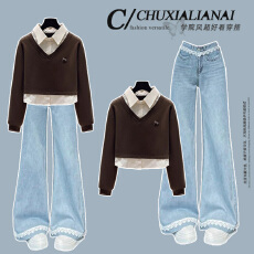 批发<b class='q'>时尚</b><b class='q'>套装</b>#学院风polo领假两件长袖搭配浅色蕾丝花边微喇牛仔裤