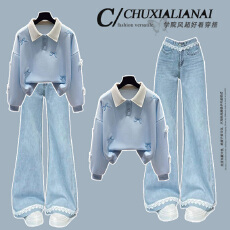 批发<b class='q'>时尚</b><b class='q'>套装</b>#polo领蝴蝶结刺绣学院风卫衣搭配蕾丝花边微喇牛仔裤