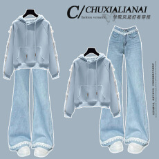 批发<b class='q'>时尚</b><b class='q'>套装</b>#蕾丝蝴蝶结t恤<b class='q'>女</b>长袖卫衣搭配浅色蕾丝花边微喇牛仔裤