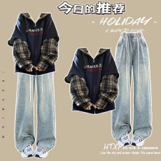 批发时尚套装#假两件格子拼接刺绣宽松拉链连帽卫衣搭配<b class='q'>松紧腰</b><b class='q'>牛仔裤</b>