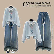 批发时尚套<b class='q'>装</b>#假两件+领带花朵刺绣设计感上衣搭配高腰阔腿<b class='q'>裤</b><b class='q'>牛仔裤</b>